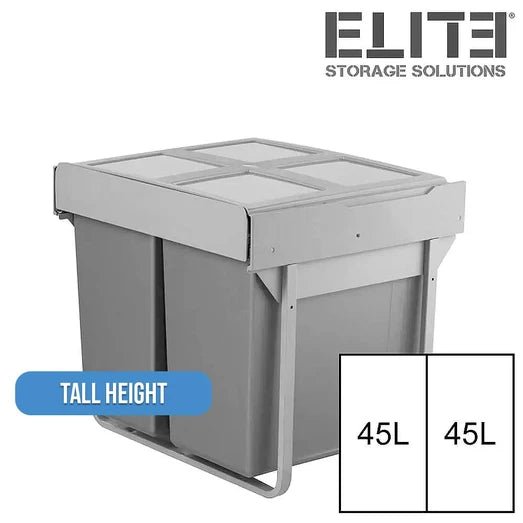 Elite Domestique Bottom Mounted 90L Twin Slide Out Concealed Waste Bin For A 600mm Cabinet Grey - Sydney Home Centre