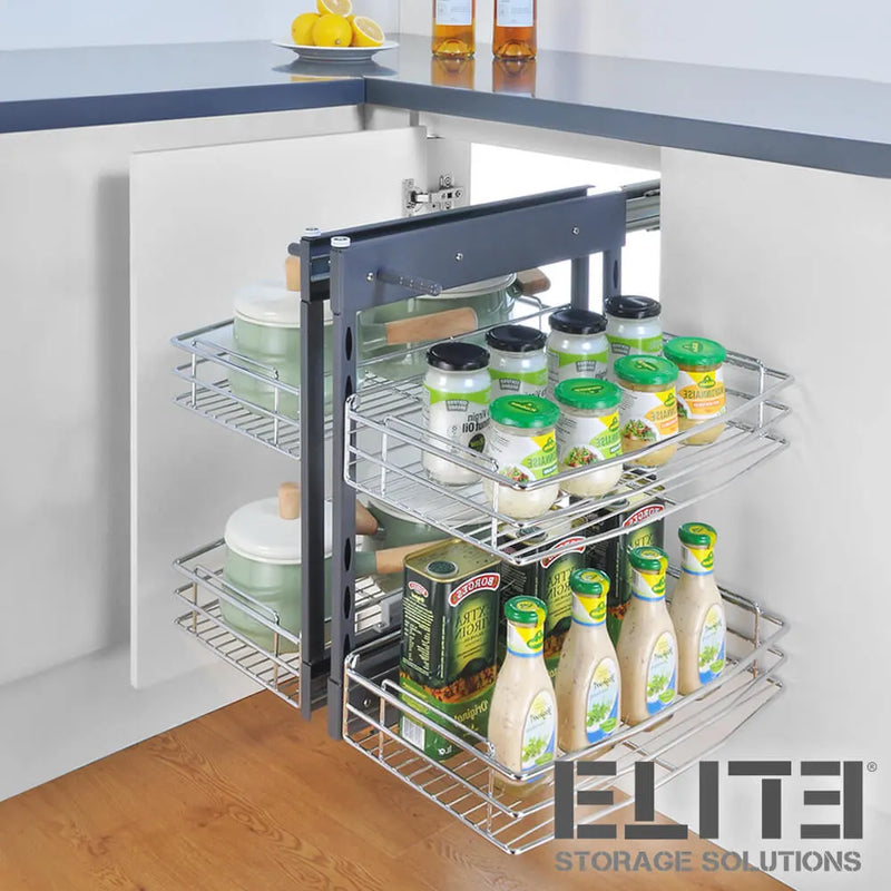 Elite Larder Show Hand Magic Corner II Pull Out Kitchen Storage Fits 900mm Blind Corner Chrome - Sydney Home Centre