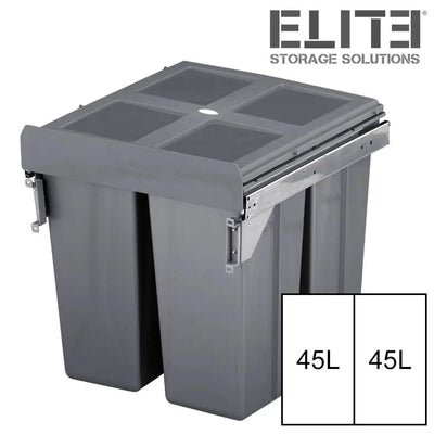 Elite Valet Side Mounted 90L Twin Slide Out Concealed Waste Bin For A 600mm Cabinet Includes Integrated Door Bracket Grey - Sydney Home Centre