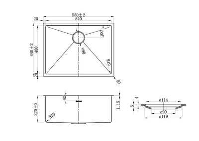 Otti Axon Sink 58S 580x440x220 Gun Metal