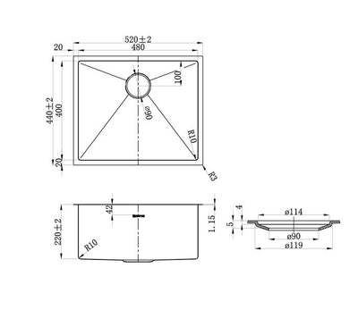 Otti Axon Sink 52S 520x440x220 Gun Metal