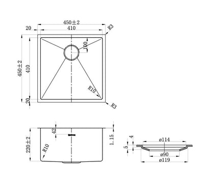 Otti Axon Sink 45S 450x450x220 Stainless Steel