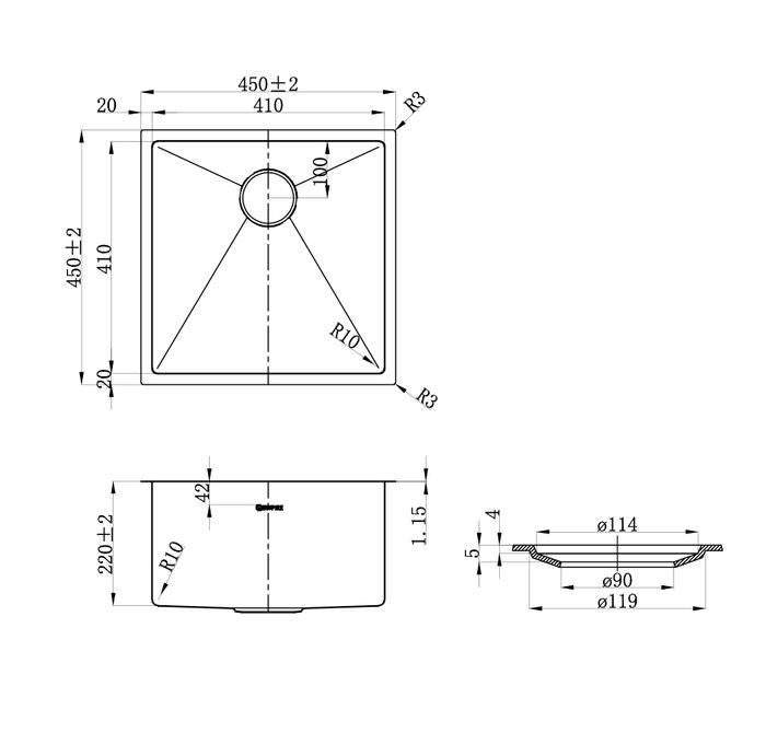 Otti Axon Sink 45S 450x450x220 Gun Metal