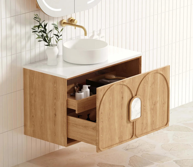 Otti Laguna 900mm Vanity Natural American Oak (Ultra Deluxe Stone Top Pure White) - Sydney Home Centre