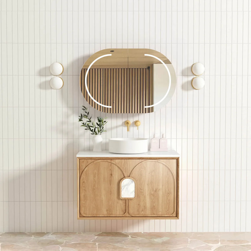 Otti Laguna 900mm Vanity Natural American Oak (Ultra Deluxe Stone Top Pure White) - Sydney Home Centre