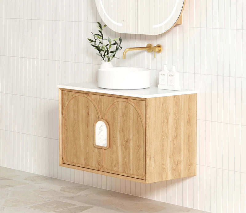 Otti Laguna 900mm Vanity Natural American Oak (Ultra Deluxe Stone Top Natural Carrara Marble) - Sydney Home Centre