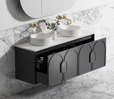 Otti Laguna 1500mm Vanity Black American Oak (Ultra Deluxe Stone Top Pure White) - Sydney Home Centre