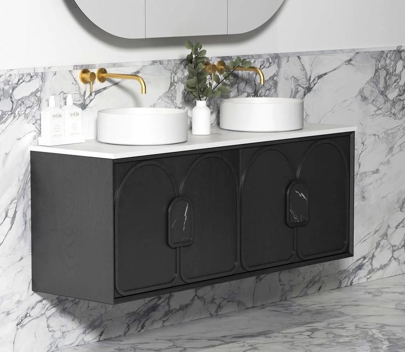 Otti Laguna 1500mm Vanity Black American Oak (Ultra Deluxe Stone Top Natural Carrara Marble) - Sydney Home Centre