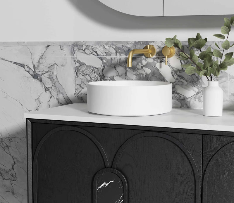 Otti Laguna 1500mm Vanity Black American Oak (Ultra Deluxe Stone Top Pure White) - Sydney Home Centre