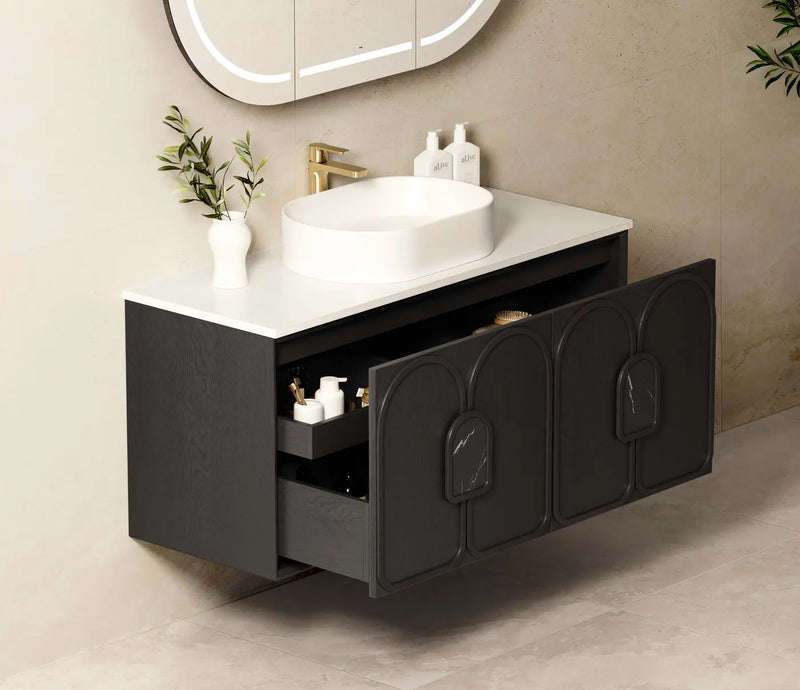 Otti Laguna 1200mm Vanity Black American Oak (Ultra Deluxe Stone Top Pure White) - Sydney Home Centre