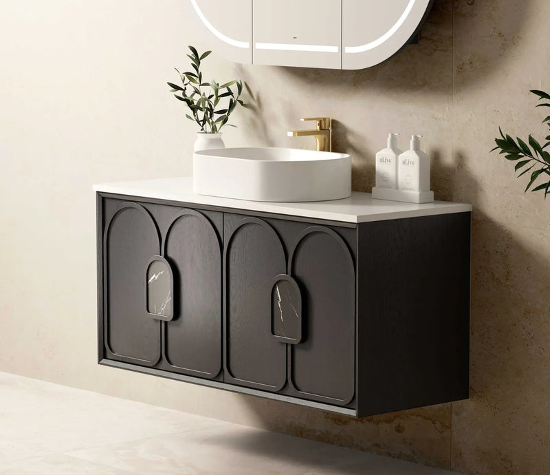 Otti Laguna 1200mm Vanity Black American Oak (Ultra Deluxe Stone Top Pure White) - Sydney Home Centre