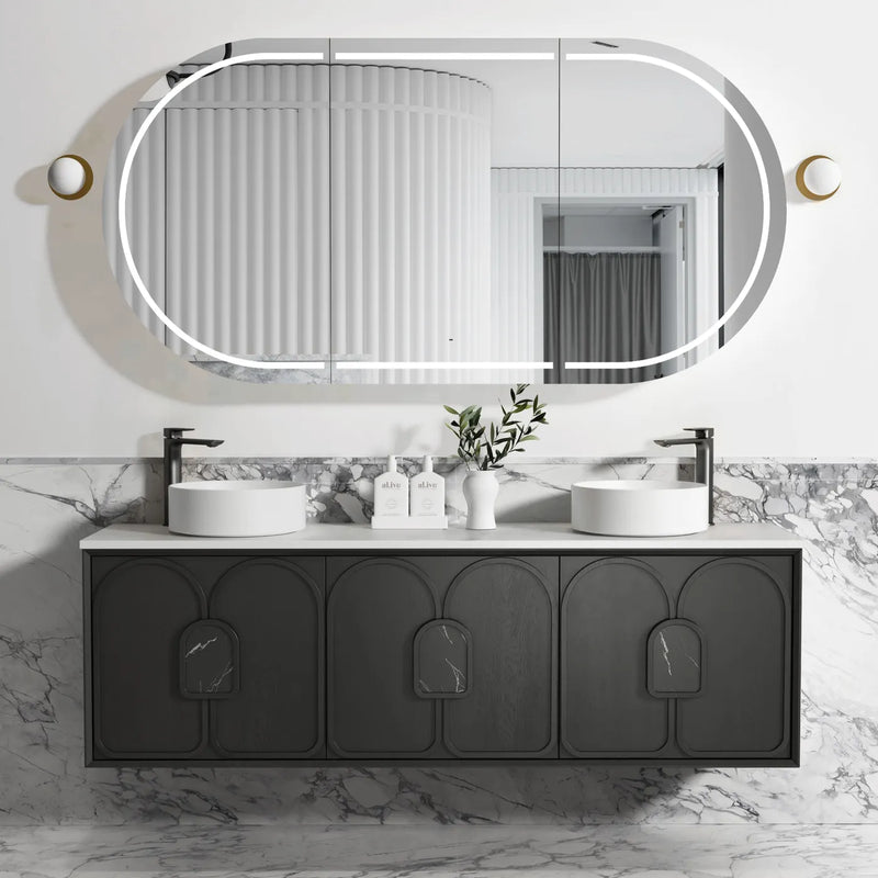 Otti Laguna 1800mm Vanity Black American Oak (Ultra Deluxe Stone Top Natural Carrara Marble) - Sydney Home Centre