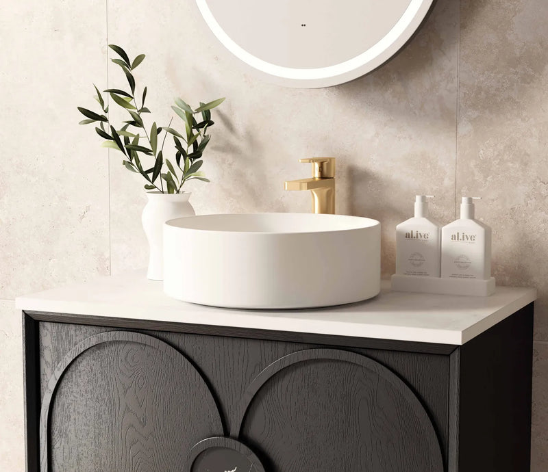 Otti Laguna 750mm Vanity Black American Oak (Ultra Deluxe Stone Top Pure White) - Sydney Home Centre