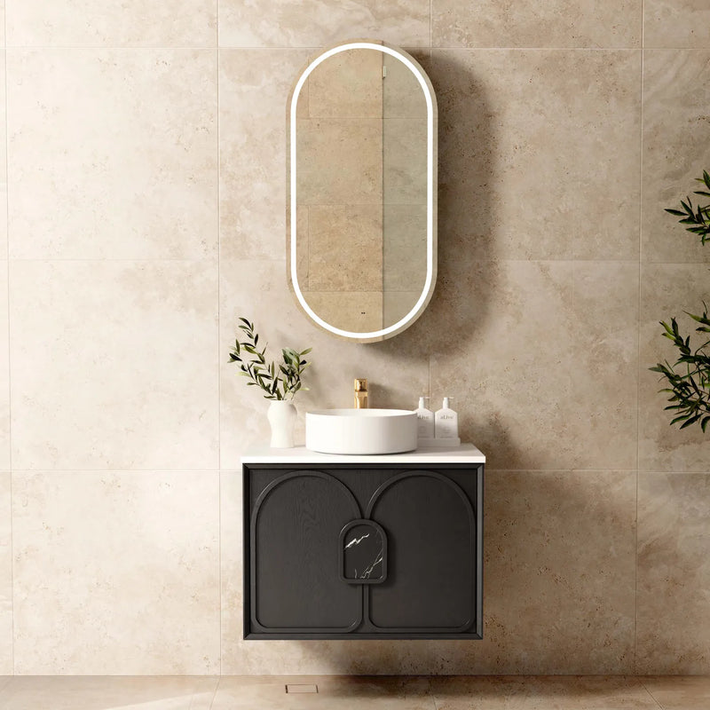 Otti Laguna 750mm Vanity Black American Oak (Ultra Deluxe Stone Top Natural Carrara Marble) - Sydney Home Centre