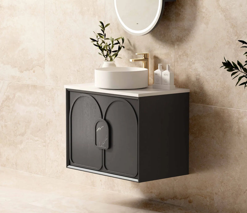 Otti Laguna 750mm Vanity Black American Oak (Ultra Deluxe Stone Top Pure White) - Sydney Home Centre