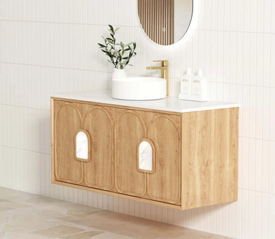 Otti Laguna 1200mm Vanity Natural American Oak (Ultra Deluxe Stone Top Pure White) - Sydney Home Centre