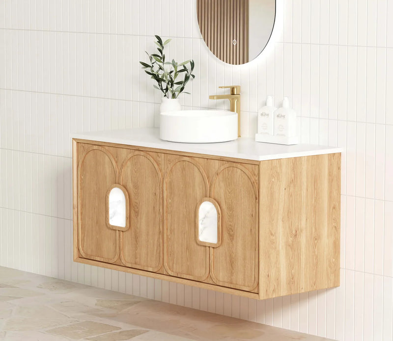 Otti Laguna 1200mm Vanity Natural American Oak (Ultra Deluxe Stone Top Natural Carrara Marble) - Sydney Home Centre