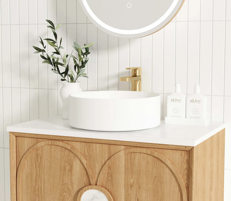 Otti Laguna 600mm Vanity Natural American Oak (Ultra Deluxe Stone Top Pure White) - Sydney Home Centre