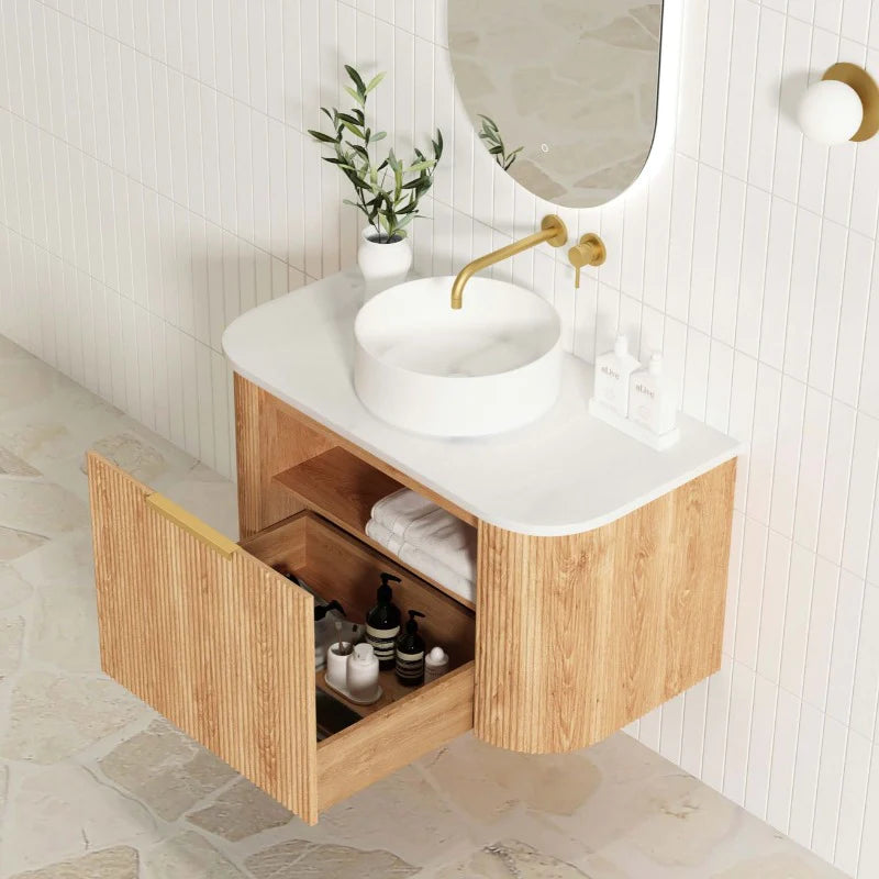 Otti Bondi 900mm Curve Vanity Woodland Oak Fluted (Cabinet Only) - Sydney Home Centre