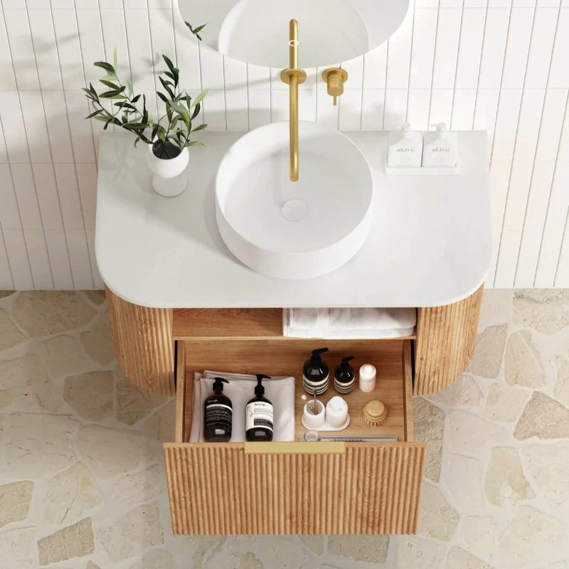 Otti Bondi 900mm Curve Vanity Woodland Oak Fluted (Cabinet Only) - Sydney Home Centre