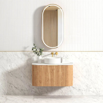 Otti Bondi 900mm Curve Vanity Woodland Oak Fluted (Ultra Deluxe Stone Top) - Sydney Home Centre