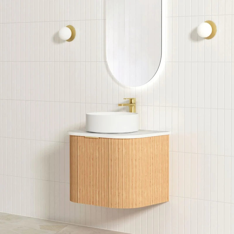 Otti Bondi 600mm Curve Vanity Woodland Oak Fluted (Ultra Deluxe Stone Top) - Sydney Home Centre