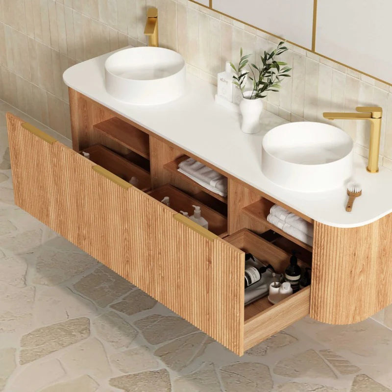 Otti Bondi 1800mm Curve Vanity Woodland Oak Fluted (Cabinet Only) - Sydney Home Centre