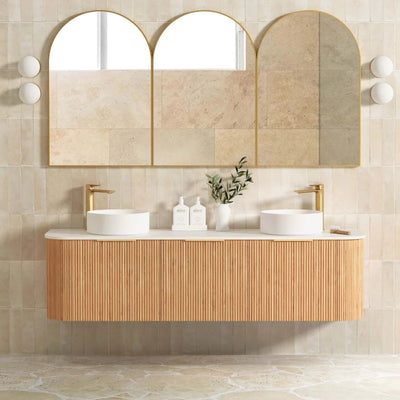 Otti Bondi 1800mm Curve Vanity Woodland Oak Fluted (Ultra Deluxe Stone Top) - Sydney Home Centre