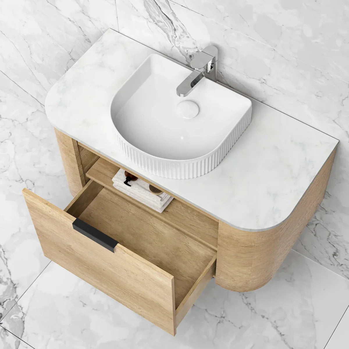 Otti Bondi 750mm Curve Vanity Natural Oak (Natural Marble Top) - WHILE STOCK LASTS - Sydney Home Centre