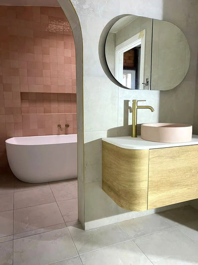 Otti Bondi 900mm Curve Vanity Natural Oak (Natural Marble Top) - WHILE STOCK LASTS - Sydney Home Centre