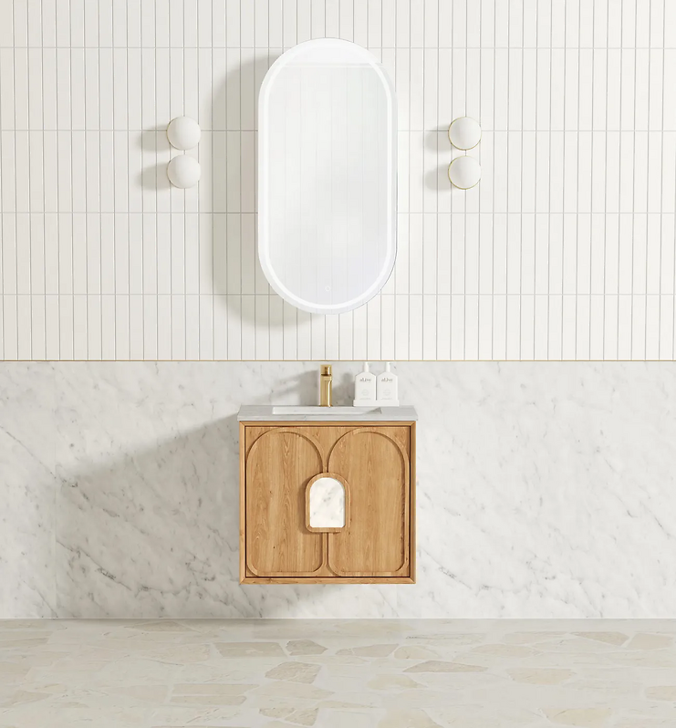 Otti Laguna 600mm Vanity Natural American Oak (Undermount Stone Top Natural Carrara Marble) - Sydney Home Centre