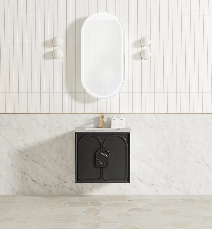 Otti Laguna 600mm Vanity Black American Oak (Undermount Stone Top Natural Carrara Marble) - Sydney Home Centre