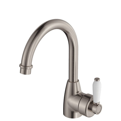 Fienza Eleanor Gooseneck Basin Mixer Brushed Nickel White Handle - Sydney Home Centre