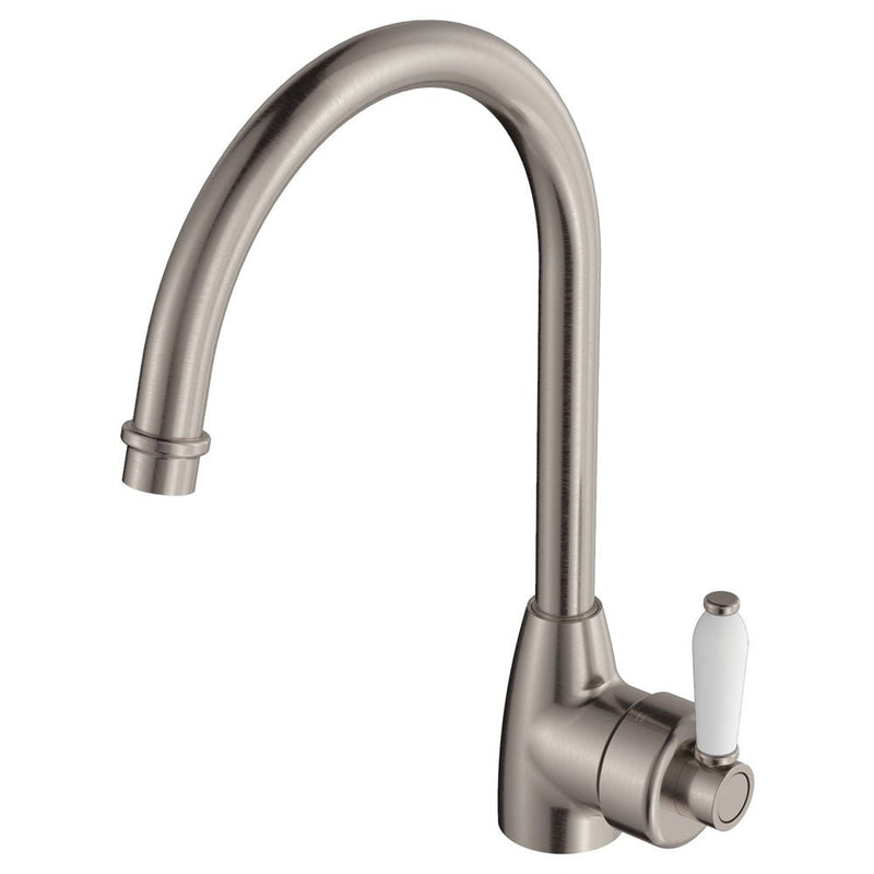 Fienza Eleanor Gooseneck Kitchen Mixer Brushed Nickel White Handle - Sydney Home Centre