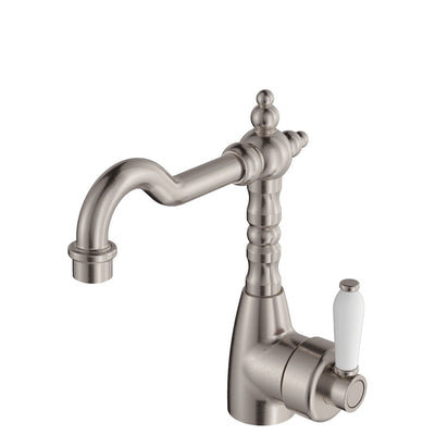 Fienza Eleanor Shepherds Crook Basin Mixer Brushed Nickel White Handle - Sydney Home Centre