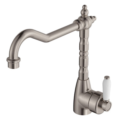 Fienza Eleanor Shepherds Crook Kitchen Sink Mixer Brushed Nickel White Handle - Sydney Home Centre