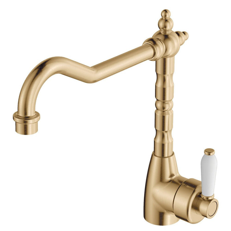 Fienza Eleanor Shepherds Crook Kitchen Sink Mixer Urban Brass White Handle - Sydney Home Centre