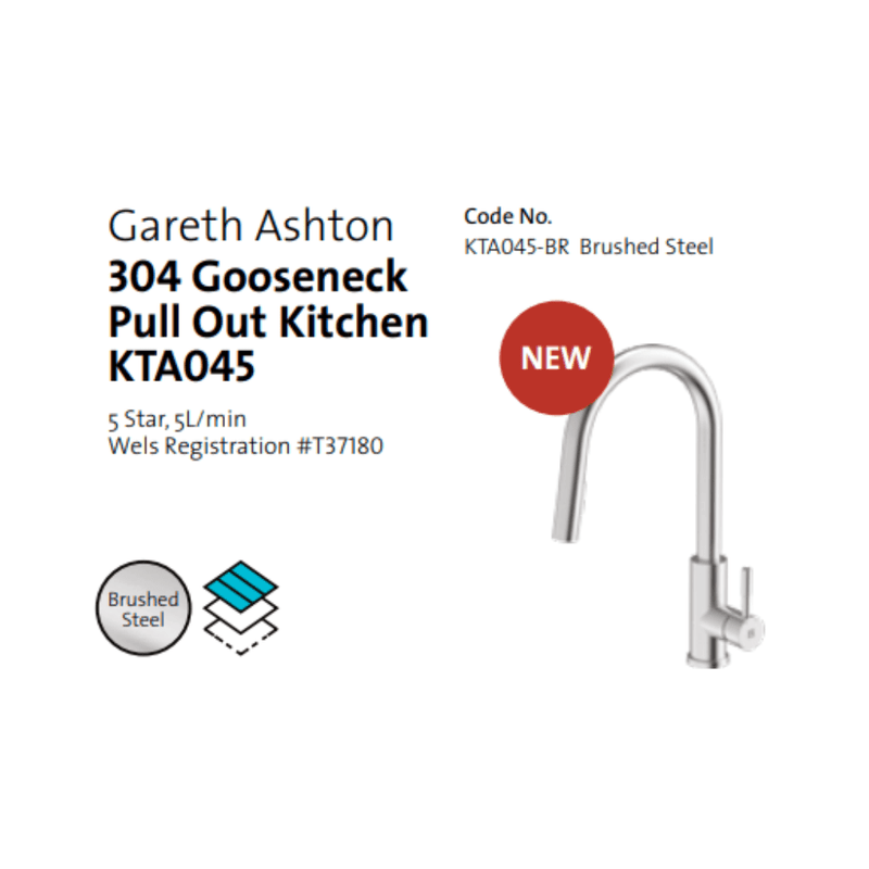 Gareth Ashton 304 Gooseneck Pull Out Kitchen Mixer Brushed Steel - Sydney Home Centre