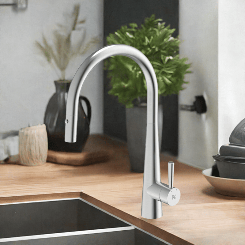 Gareth Ashton 304 Gooseneck with Dual Spray Pull Out Kitchen Mixer Brushed Stainless Steel - Sydney Home Centre