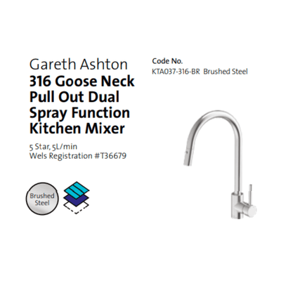 Gareth Ashton 316 Gooseneck Pull Out Dual Spray Function Stainless Steel Kitchen Mixer - Sydney Home Centre