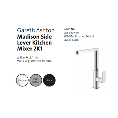 Gareth Ashton Madison Side Lever Kitchen Mixer Black - Sydney Home Centre