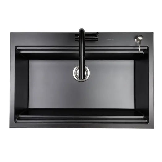 Higold Single Bowl Workstation Kitchen Sink with Steps Granite Composite 840mm Matte Black