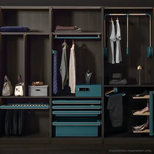 Higold B Series Pull Out Wardrobe Basket Deep Fits 600mm Cabinet Teal with Satin Champagne - Sydney Home Centre