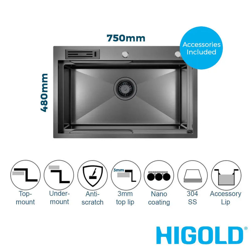 Higold Belle Luxe 1.0 Single Bowl Workstation Kitchen Sink Slide Lip Nano Coated 3mm Thick Stainless Steel Panel Anti-Scratch 750mm PVD Gunmetal