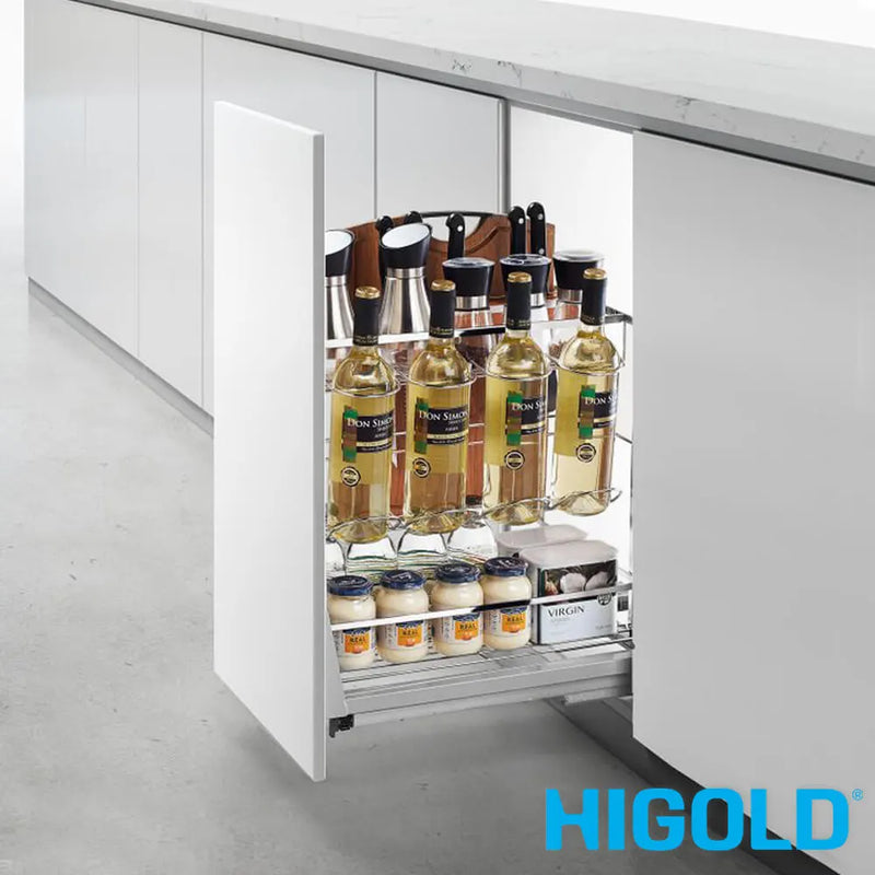 Higold Pull Out Kitchen Cupboard Organiser With Hooks and Knife Block Fits 400mm Polished Chrome