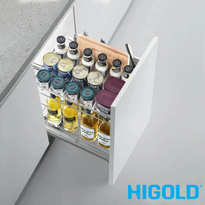 Higold Pull Out Kitchen Cupboard Organiser With Hooks and Knife Block Fits 450mm Polished Chrome