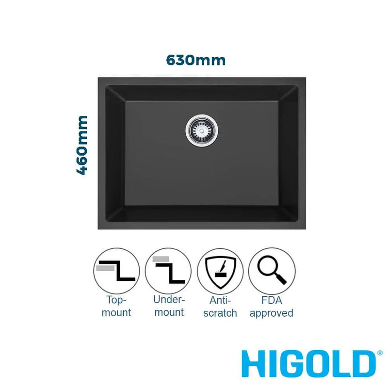 Higold Single Bowl Kitchen Sink Granite Composite 630mm Matte Black - Sydney Home Centre