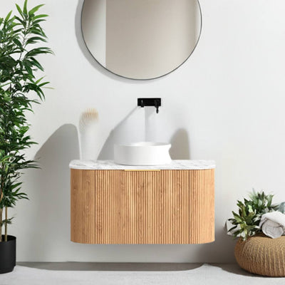 Otti Bondi 900mm Curve Vanity Woodland Oak Fluted (Ultra Deluxe Stone Top)