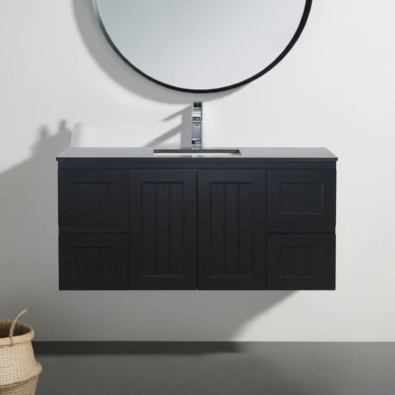 Ceto Acacia 1200mm Both Side Drawer Single Bowl Wall Hung Vanity Matte Black (Cabinet Only)