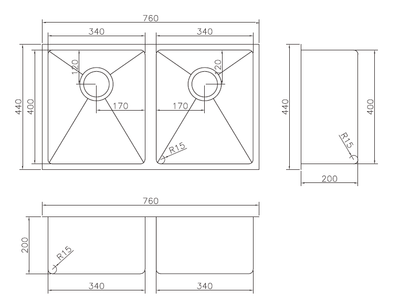 MN Double Bowl Sink 760 X 440 X 200mm - 26L + 26L Stainless Steel - Sydney Home Centre